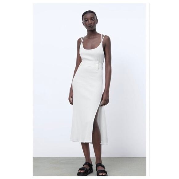 NWT Zara Ribbed Midi Dress Large White Strappy Side Slit Belted Causal Neutral - Picture 1 of 13